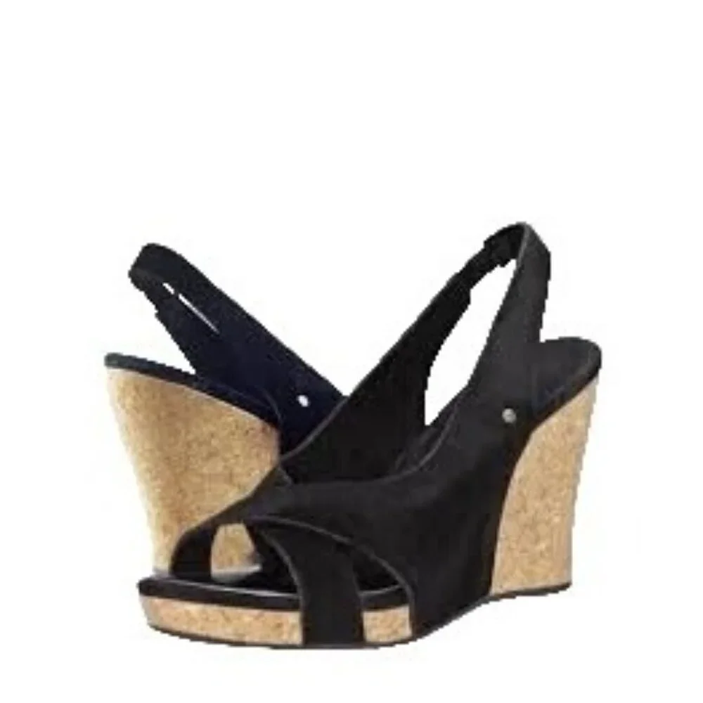 UGG Hazel‎ Criss Cross Black Suede Cork Wedge Slingback Sandals Boho Size 6